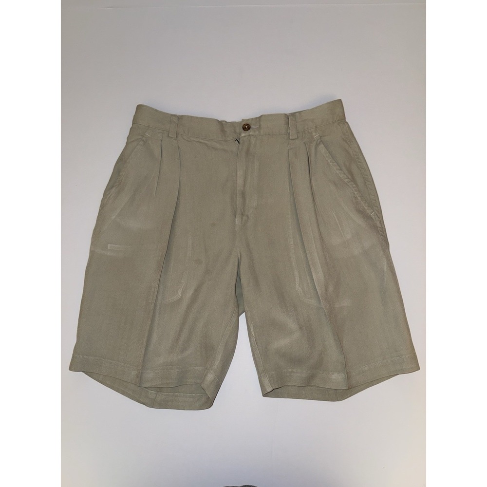 Tommy Bahama Men Shorts 32 100% Silk Pleated Tan Beige Bermuda Outdoor Casual